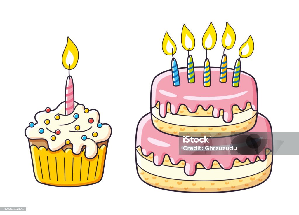 Birthday Cupcake And Big Cake With Candles Stock Illustration - Download  Image Now - Birthday Cake, Cartoon, Candle - iStock