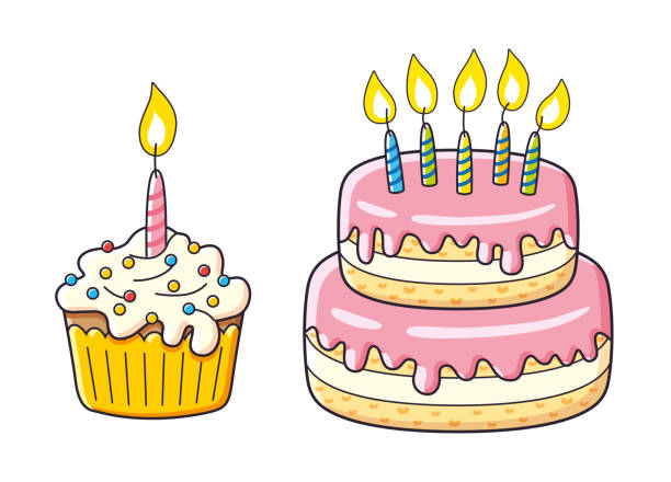 Birthday cupcake and big cake with candles Birthday cupcake and big cake with candles isolated easter cake stock illustrations