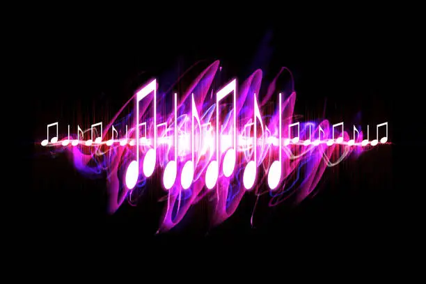 Colorful visual neon soundwave 3D illustration with musical notes
