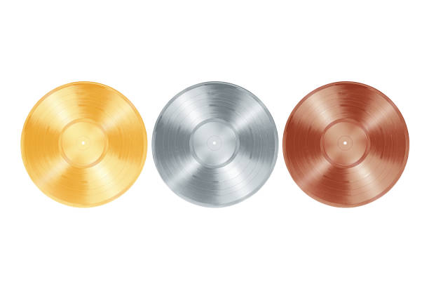 Vinyl records isolated on white background. Gold, silver and bronze colors