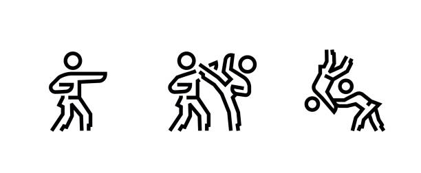 Set of Karate sport icons. Editable line vector. Set of Karate sport icons. Editable line vector. Silhouettes of people performing a stand, kick, throw. Group pictogram. judo stock illustrations