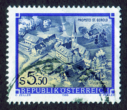 A 1998 Austria postage stamp with an illustration of a landscape scene within Kalkalpen National Park in Upper Austria; postmarked in Vienna (Wien).