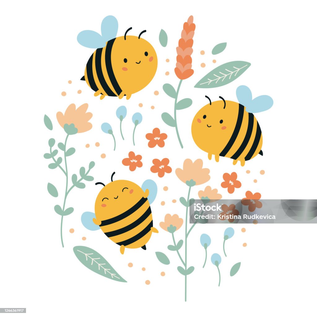 Set of vector funny kawaii bees with flowers and leaves. - Royalty-free Abelha arte vetorial