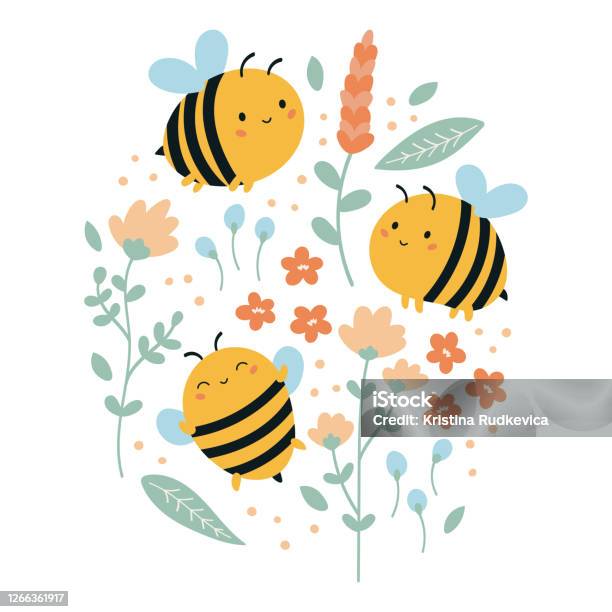 Set Of Vector Funny Kawaii Bees With Flowers And Leaves - Arte vetorial de stock e mais imagens de Abelha