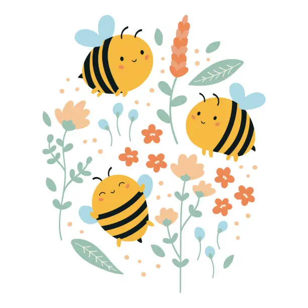 Vector illustration of Set of vector funny kawaii bees with flowers and leaves.