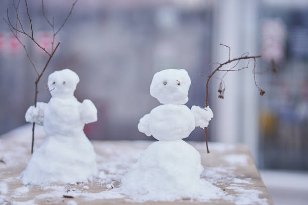 istock Two little cute snowmen with branches instead of hands 1266362609