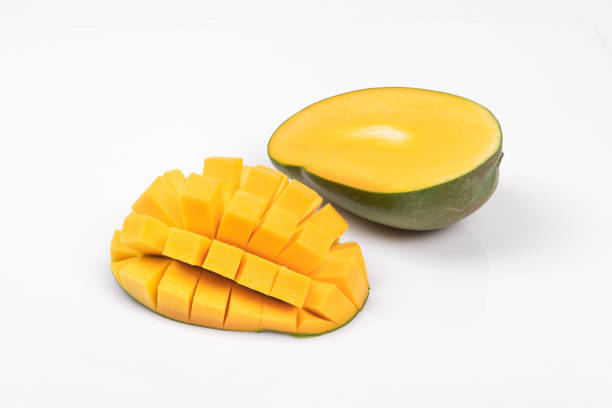 istock mango slice with green leaves isolated on white background 1266365048