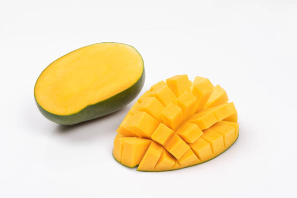 istock mango slice with green leaves isolated on white background 1266365121