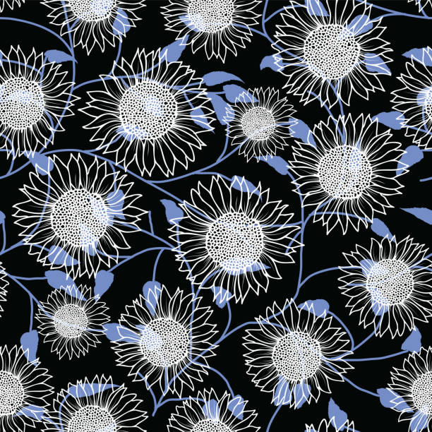 istock Abstract seamless pattern with vintage hand drawn outline sunflowers on blue leaf and black background design 1266373972
