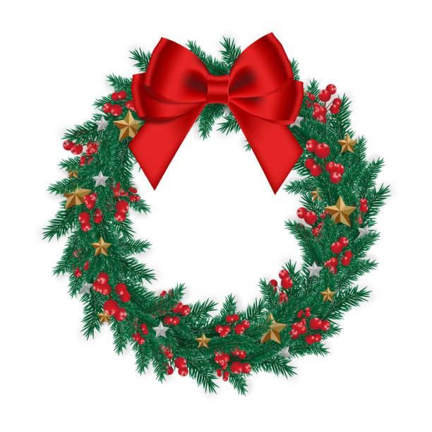 istock Christmas wreath decorated with fir tree, red bow,  berry, and star, isolated on white background. Circle garland. Xmas holiday ornament. Vector illustration. 1266379010