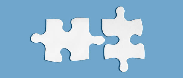 istock Pair of two matching puzzle pieces isolated on blue background. Successful decision, solution of problem. 1266381485