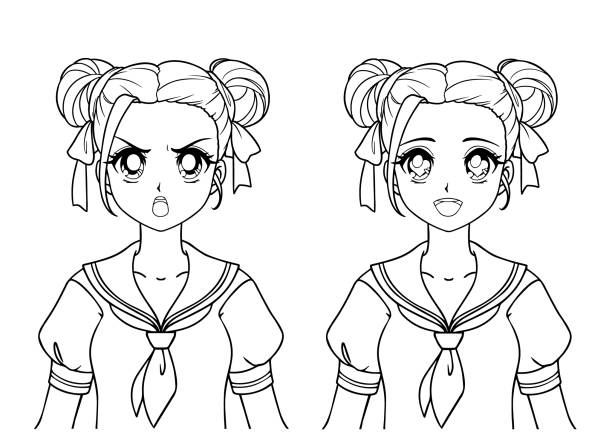 How to Draw an Anime / Chibi Girl in a School Skirt and Buns Easy
