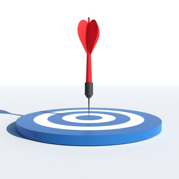 ダーツ矢印は、ターゲットセンターダーツボードを打つ。ビジネスターゲティングの焦点の概念。3d レンダリング - target arrow bulls eye skill点のイラスト素材／クリップアート素材／マンガ素材／アイコン素材