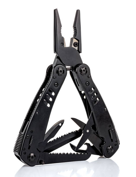 istock Standing survival knife with opened all work tools isolated on white background 1266391491