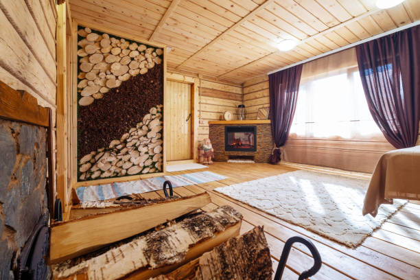 istock wooden bath, sauna interior. Dressing room, steam room, simple rustic decor 1266392502