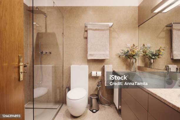 Bathroom And Toilet Simple Interior Design Brown Colours Stock Photo - Download Image Now