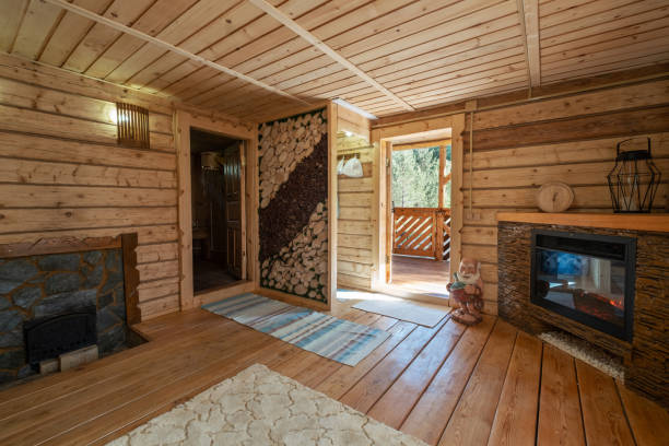 istock wooden bath, sauna interior. Dressing room, steam room, simple rustic decor 1266396449