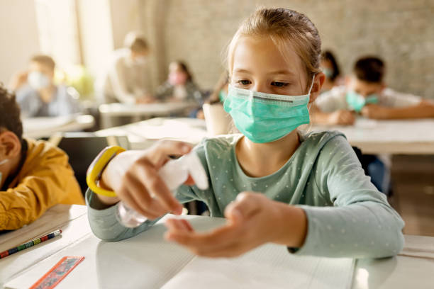 istock Schoolgirl with face mask using hands sanitizer in the classroom. 1266399651