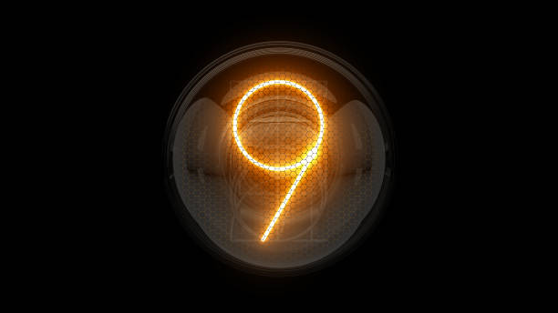 Extruded white number 9 sitting over yellow and blue background. Horizontal composition with copy space.