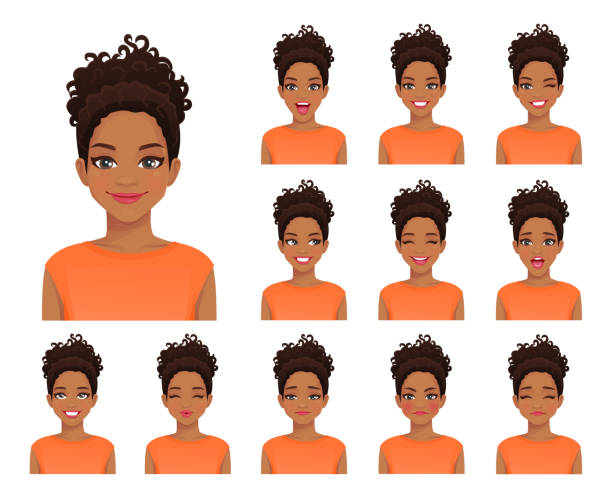 ilustraciones, imágenes clip art, dibujos animados e iconos de stock de conjunto de expresiones de mujeres africanas - behavior shock human face surprise