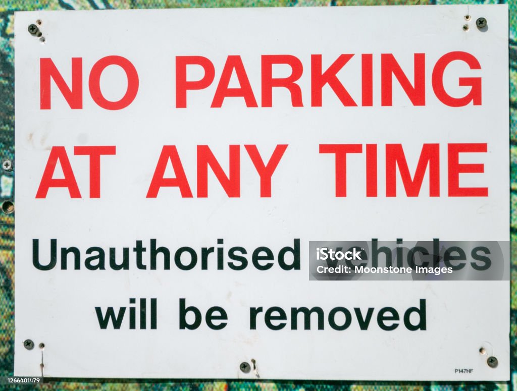 No Parking Sign in Pembury, England No Parking at Any Time in Pembury near Royal Tunbridge Wells, England No Parking Sign Stock Photo