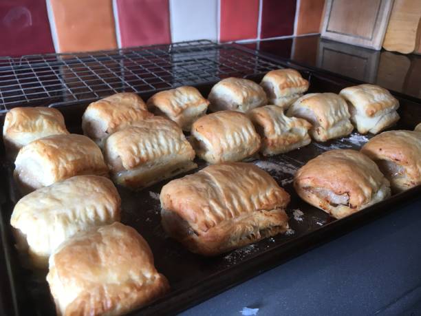 Fresh out of the oven Sausage roll in a line