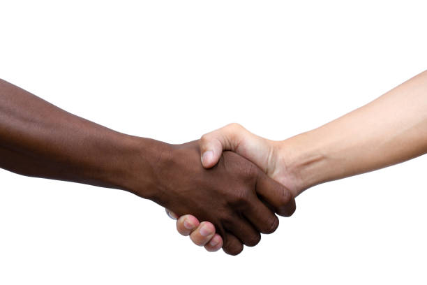 African and American shaking hands isolated on white background with clipping path stock photo
