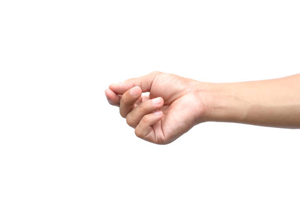 istock Male hand holding a virtual card with fingers on white background. clipping path 1266408707