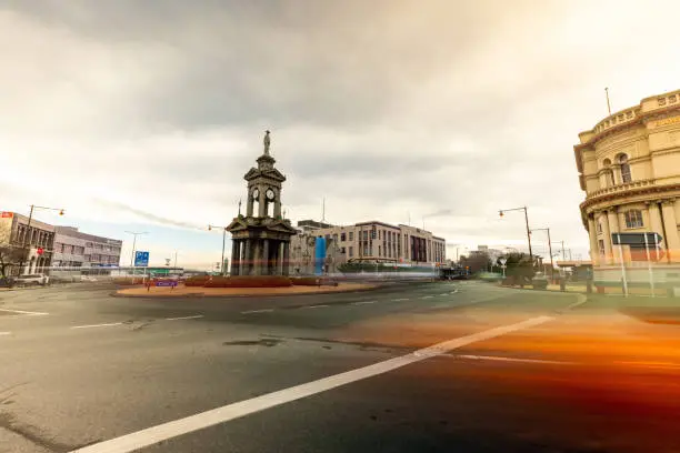 In this August 1, 2020 long-exposure image, vehicles drive around the Boer War Memorial in Invercargill, New Zealand. The war memorial sits at the intersection of State Highway 1 and State Highway 6 along the Southern Scenic Route.