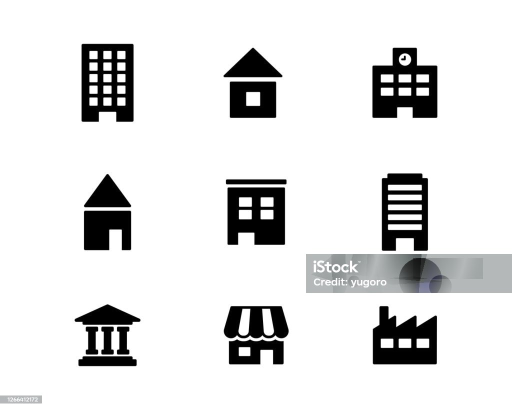 Set von einfachen Ikonen wie Gebäude, Häuser, Geschäfte und Schulen - Lizenzfrei Icon Vektorgrafik Set von einfachen Ikonen wie Gebäude, Häuser, Geschäfte und Schulen - Lizenzfrei Icon Vektorgrafik
