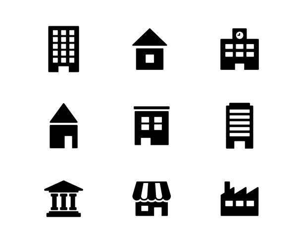 stockillustraties, clipart, cartoons en iconen met reeks eenvoudige pictogrammen zoals gebouwen, huizen, winkels en scholen - construction