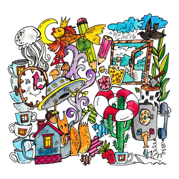 istock Doodle illustration, a lot of different objects, animals, plants, food 1266414205