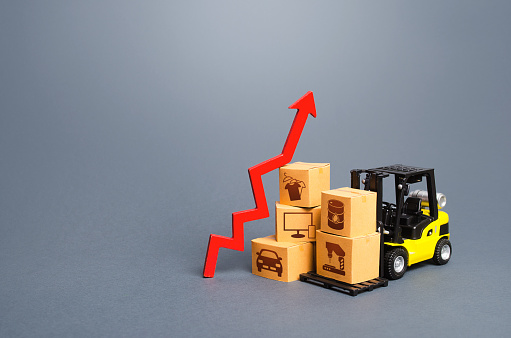 Forklift with boxes and red arrow up. Growth of performance production of goods. Import export, economic recovery trading. High demand, price. Overproduction. Economic development, business support.