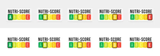 Vector illustration of Nutri-Score system in France. Sign health care for packaging. Vector