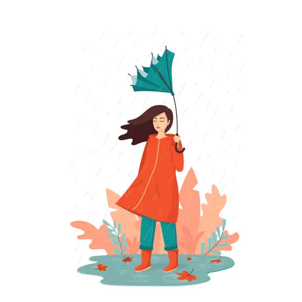 Vector illustration of Sad, depressed, unhappy young woman standing in the rain with a broken umbrella. Concept of depression, mental problems, loneliness. Bad autumn rainy weather. Vector illustration