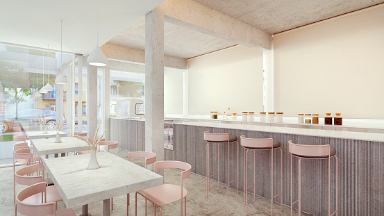 Cafeteria.Coffee shop interior design with pink chairs in modern style.3d rendering