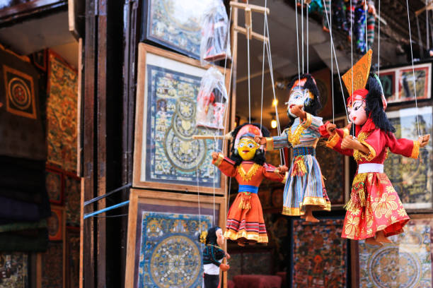 nepalese colorful marionette puppet dolls in kathmandu, nepal - nepal bazaar kathmandu textile imagens e fotografias de stock