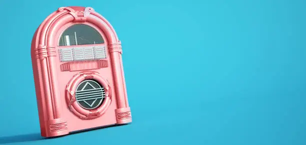 3D rendering of a pink jukebox on a blue background