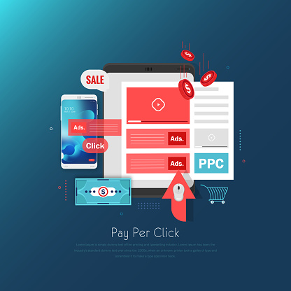 Flat concept icon of pay per click ppc internet advertising model when the ad is clicked. Isolated on white background. Vector illustration for your design