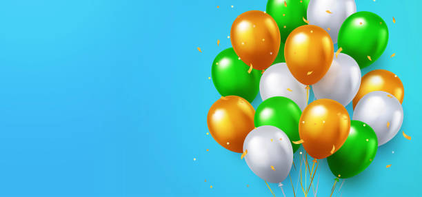 istock Greeting design in green, orange and white colors with 3d realistic flying balloons on blue background 1266423339