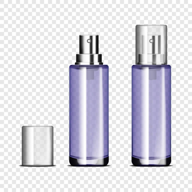 ilustrações, clipart, desenhos animados e ícones de garrafa de spray de vidro vazia com tampa clara no fundo transparente, maquetes vetoriais. recipiente de produto cosmético, maquete - cylinder box packaging three dimensional shape