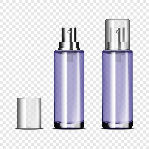 Vector illustration of Empty glass spray bottle with clear cap on transparent background, vector mockup. Cosmetic product container, mock-up