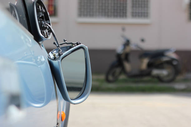 istock Close up car wing mirror, side view mirror broken from accident. Car insurance concept. 1266425651