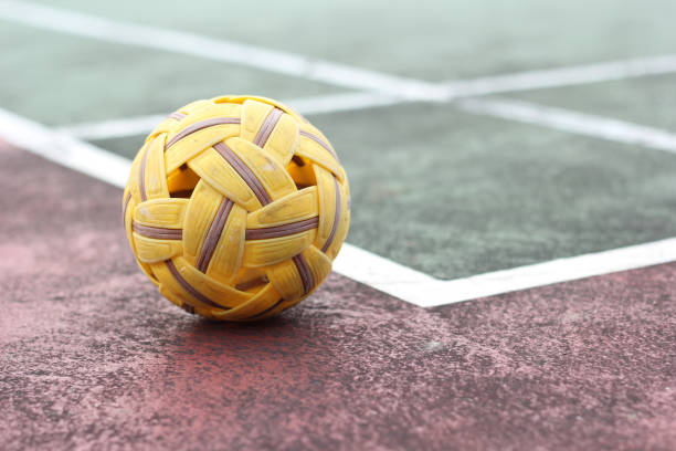 close up sepak takraw or rattan ball in outdoor field with copy space. - sepaktakraw imagens e fotografias de stock