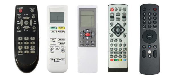 Set and collection television and air conditioning remote control isolated on white background.