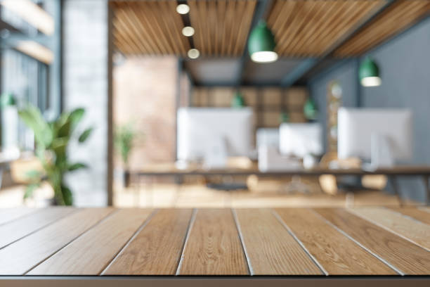 Wood Table On Blurred of Office Building. Wood Table On Blurred of Office Building. beauty display stock pictures, royalty-free photos & images