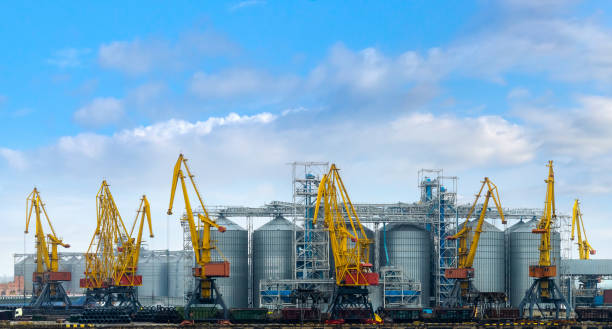 Granary with portal cranes and silos cisterns in the Sea port of Odessa, Ukraine. stock photo