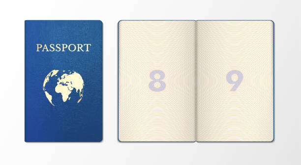 illustrazioni stock, clip art, cartoni animati e icone di tendenza di modello realistico passaporto internazionale, esempio. lato anteriore, copertina blu, pagina del documento. - passaporto