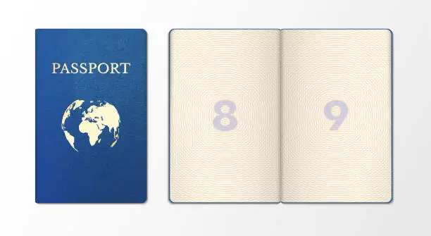 Vector illustration of International passport realistic template, sample. Front side, blue cover, page of document.