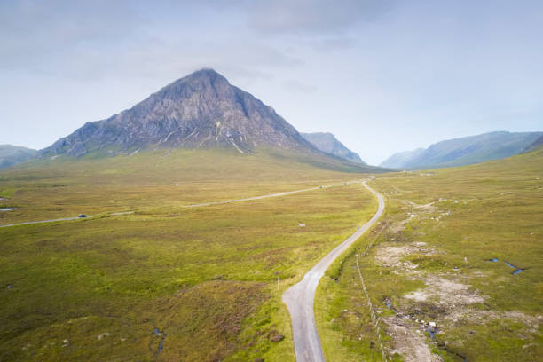 Buachaille Etive Mor aerial view of West Highland Way walk path Scotland Buachaille Etive Mor aerial view of West Highland Way walk path Scotland UK glencoe scotland photos stock pictures, royalty-free photos & images